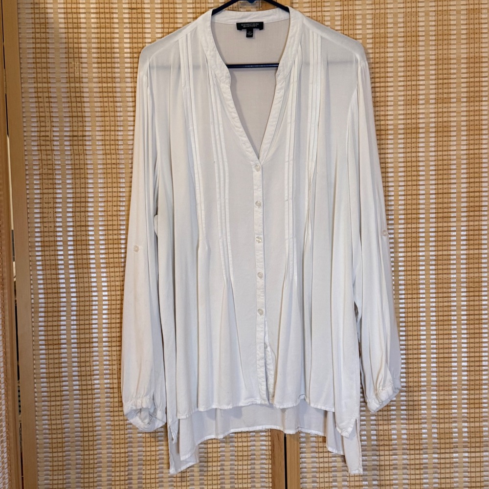 Spense Woman White Viscose Pintuck Button Front Roll Tab Sleeve Blouse Plus 2X